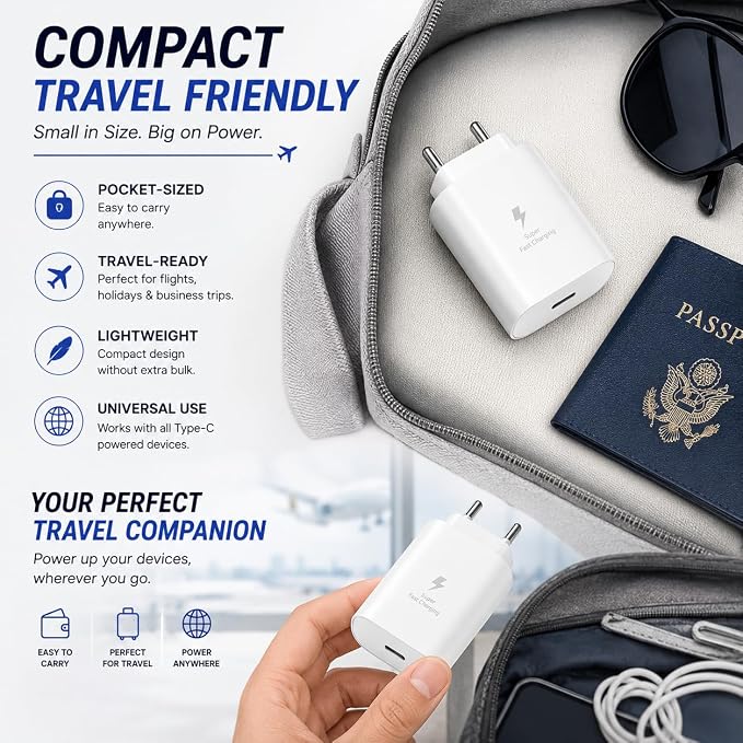 25W Charger Adapter Compatible with Samsung Galaxy S/A/M/F/Z Series/S23/S22/S21/21 fe/S20/M14 5G/M34/M54/M53 5g/M33/M13/A34/A54 5G,F15/A15/A14/F14, for Samsung Charger Fast Charging,White