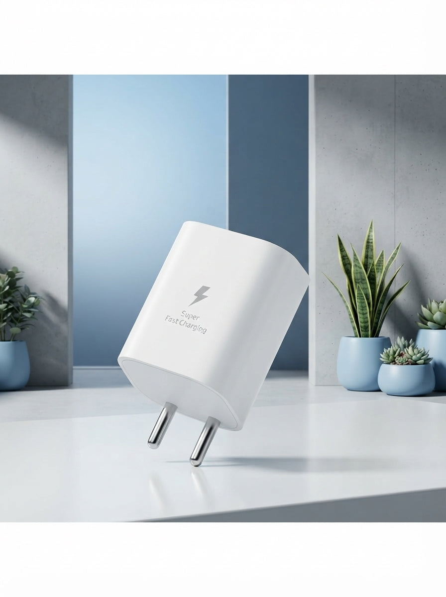 A white 25W fast charger adapter displayed on a minimalist surface with blue-toned professional studio background decor.